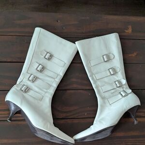 Colin Stuart White Leather Buckle Boots Women Size 6 1/2 Leather Heel Western